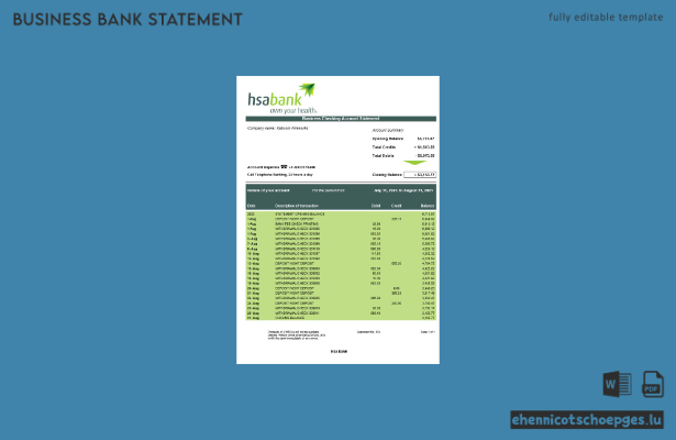 Beispielvorschau eines Kontoauszugs des HSA Bank-Unternehmenskontos (Word- und PDF-Format)